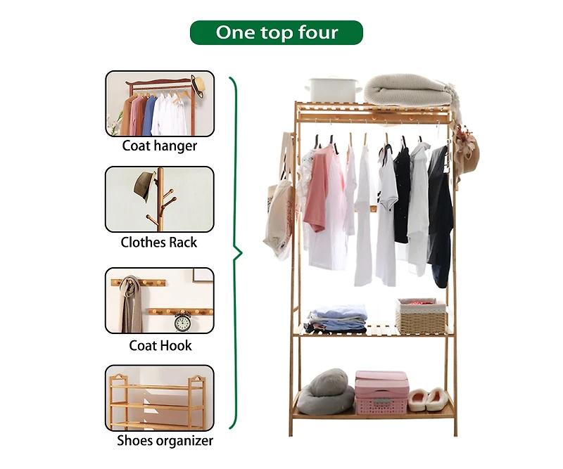 Unho Bamboo Clothes Rail Stand: Garments Storage Rack Shoes Shelf for Bedroom Living Room