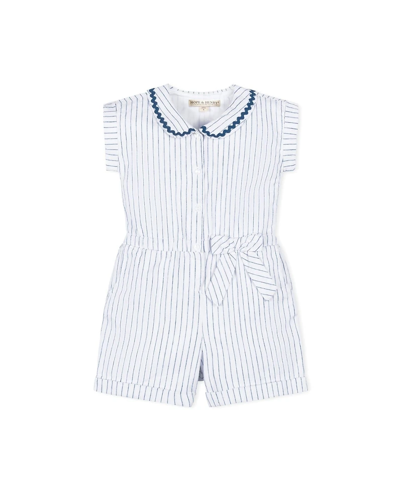 Hope & Henry Girls' Linen Peter Pan Collar Button Front Romper, Toddler