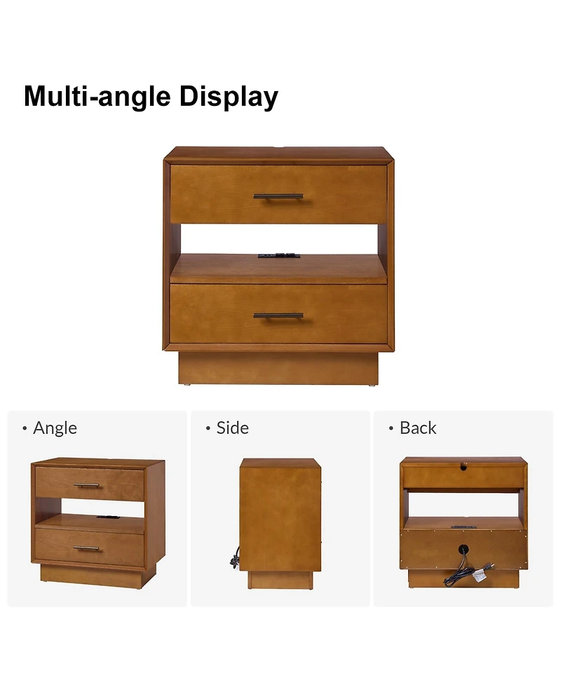 Hulala Home Zulema Mid-Century Modern 2-Drawer Nightstand with Built-In Outlets and Hidden Drawer