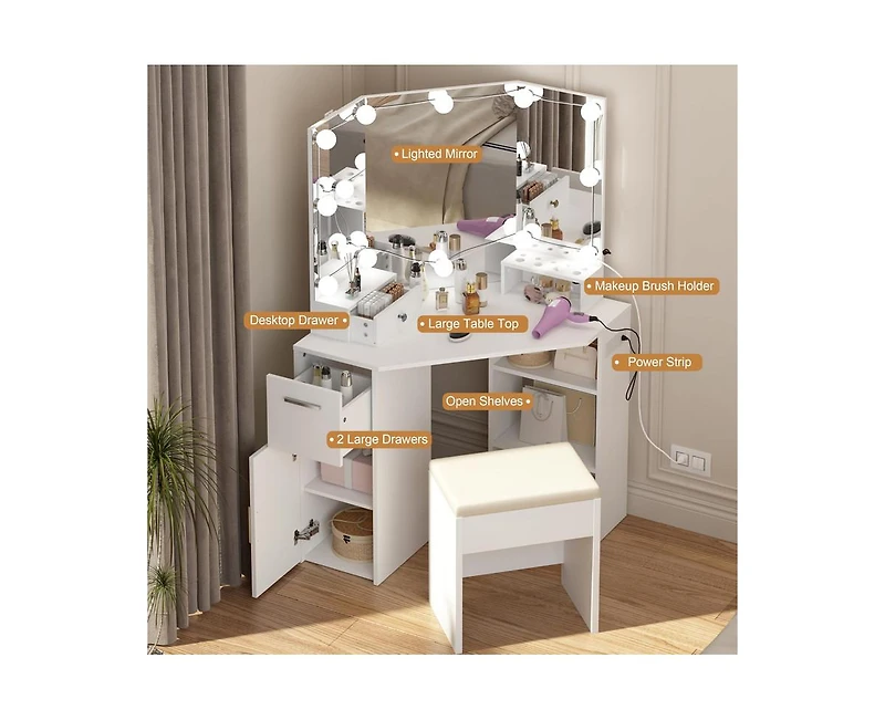 gaomon Corner Vanity Mirror with Lights and Table Set & Power Outlet, Makeup Vanity Table with Lights with 2 Drawers & Stool