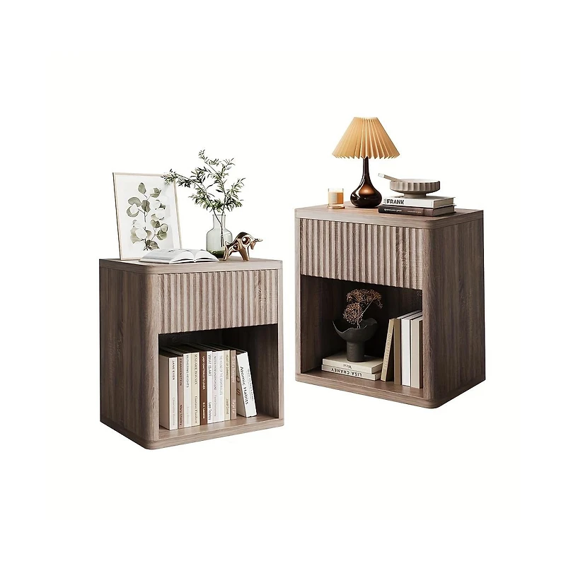 gaomon Night Stand Set of 2, Fluted Nightstand,Modern Farmhouse Nightstand, End Table with Drawer Storage Mid Century Wood Night Stands for Bedroom Li