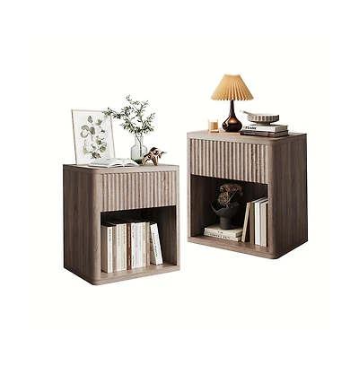 gaomon Night Stand Set of 2, Fluted Nightstand,Modern Farmhouse Nightstand, End Table with Drawer Storage Mid Century Wood Night Stands for Bedroom Li