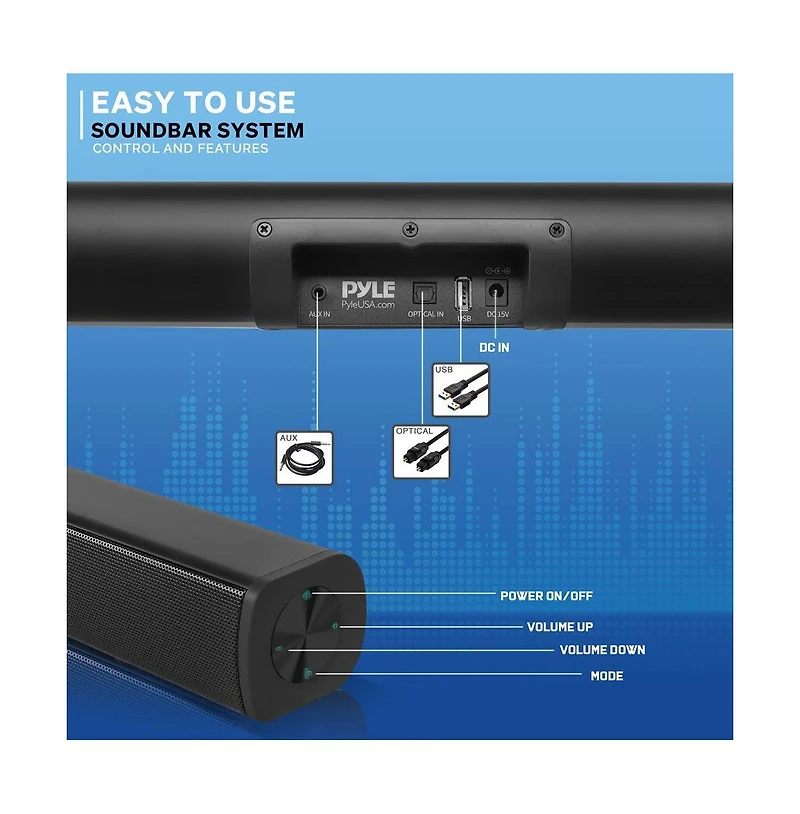 Pyle Wave Base Bluetooth Soundbar Speaker System With Remote, Aux, Optical Input