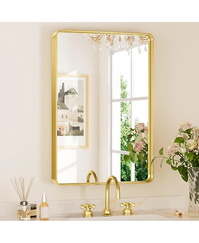 Keonjinn 22x30 Inch Brushed Gold Bathroom Vanity Mirror Tempered Glass Metal Framed
