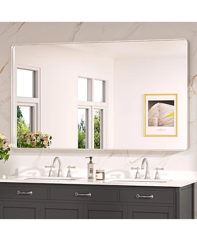 Keonjinn 60x40 Inch Brushed Gold Bathroom Vanity Mirror Tempered Glass Metal Framed