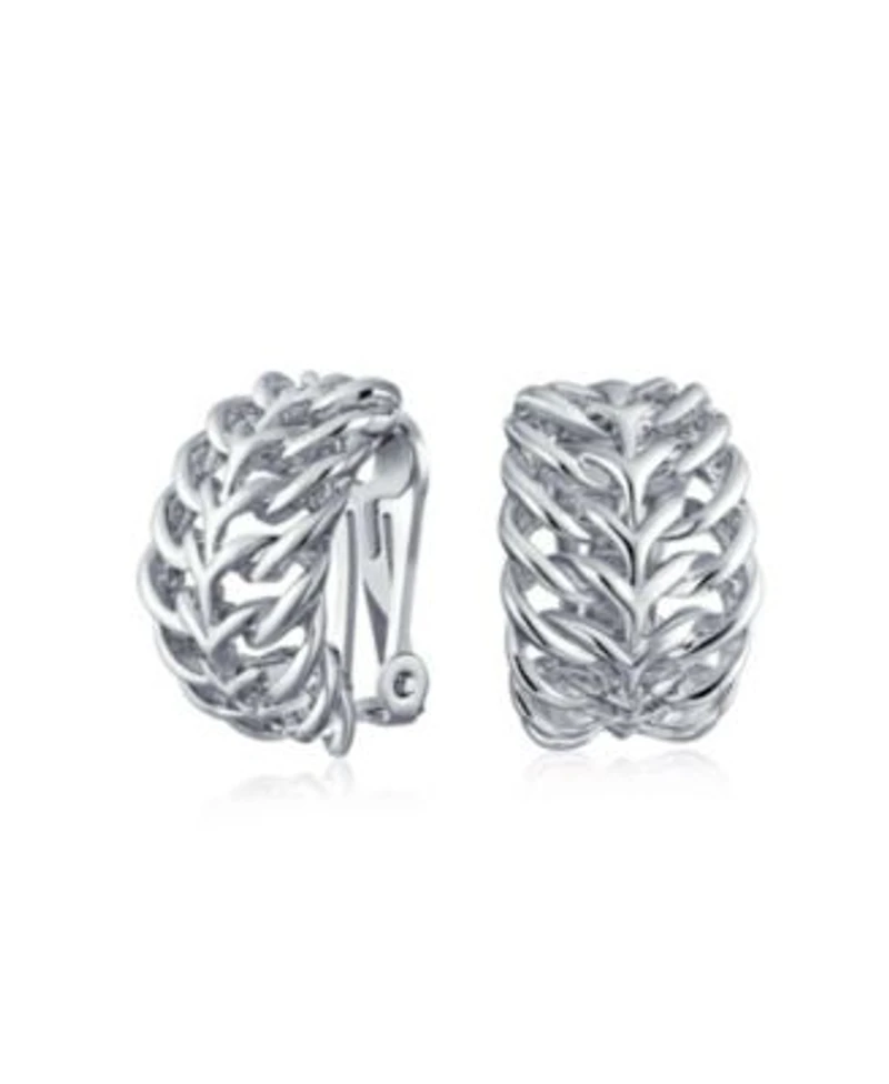 Bling Jewelry Fashion Open Weave Cable Leaf Feather Wide Half Hoop Clip On Earrings For Non Pierced Ears