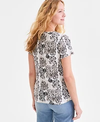 Style & Co Women's Printed Short-Sleeve Henley T-Shirt, Exclusively at Macy's