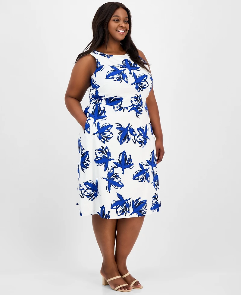 Anne Klein Plus Floral-Print Linen-Blend Fit & Flare Dress