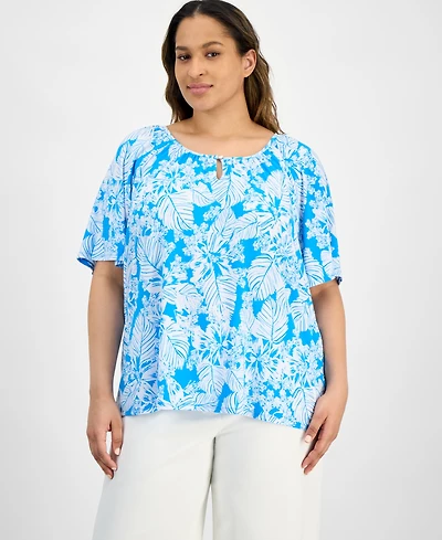 Ak Anne Klein Plus Size Floral-Print Short-Sleeve Top