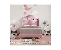 gaomon Upholstered Twin Bed Frame with Led Lights, Velvet Platform Bed Frame with Wing Back Storage Headboard, Wood Slats Support