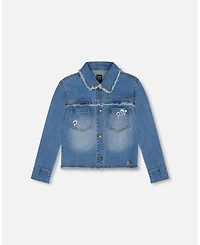 Deux par Deux Girl Frayed Denim Jacket With Embroidery Jeans Blue - Toddler|Child