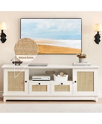 gaomon Rattan Tv Stand for 65 Inch Tv, White Entertainment Center Modern Tv Console Table