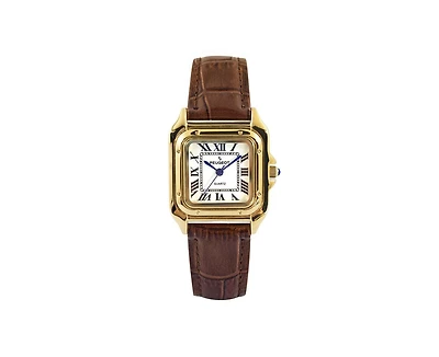 Peugeot Women's 14K Gold-Plated 32mm Tank Shape Brown Leather Strap Watch