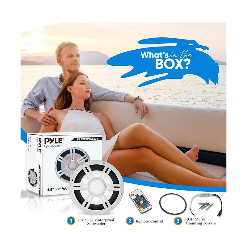 Pyle 6.5'' Slim Waterproof Subwoofer, 150W, Rgb Lights, Remote Control, White