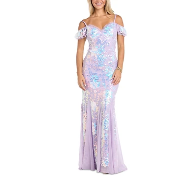 Morgan & Company Juniors' Sequined Floral Lace-Up Gown