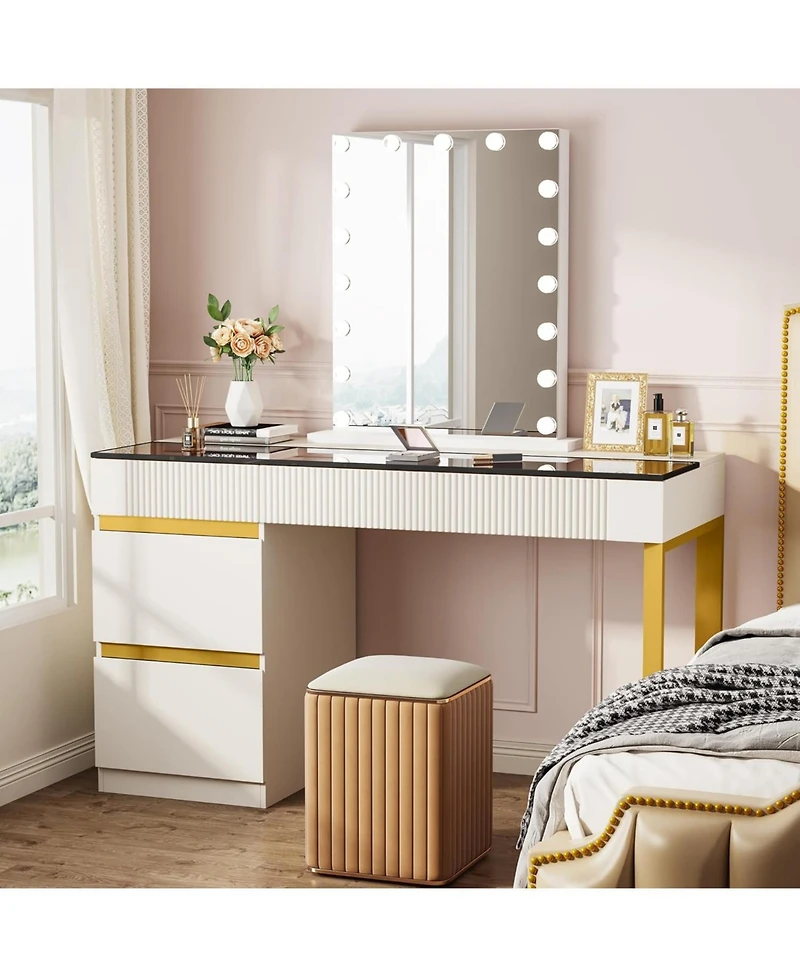 Tribesigns Vanity Desk with Glass Top, 4 Drawers Makeup Vanity Table, Modern Makeup Dresser Desk, White Gold Vanities with Visual Drawer for Bedroom