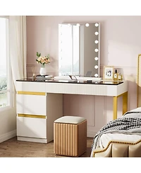 Tribesigns Vanity Desk with Glass Top, 4 Drawers Makeup Vanity Table, Modern Makeup Dresser Desk, White Gold Vanities with Visual Drawer for Bedroom