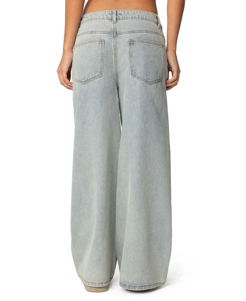 Edikted Womens Side Stripe Washed Low Rise Jeans