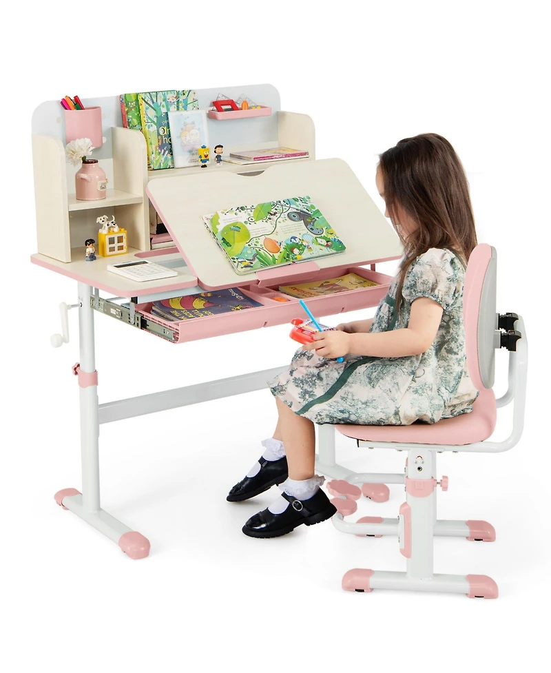 Gouun Kids Height Adjustable Children School Home Study Table and Chair Set with Tilted Desktop for 3-12 Years Old