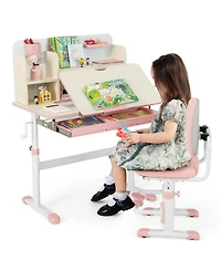 Gouun Kids Height Adjustable Children School Home Study Table and Chair Set with Tilted Desktop for 3-12 Years Old