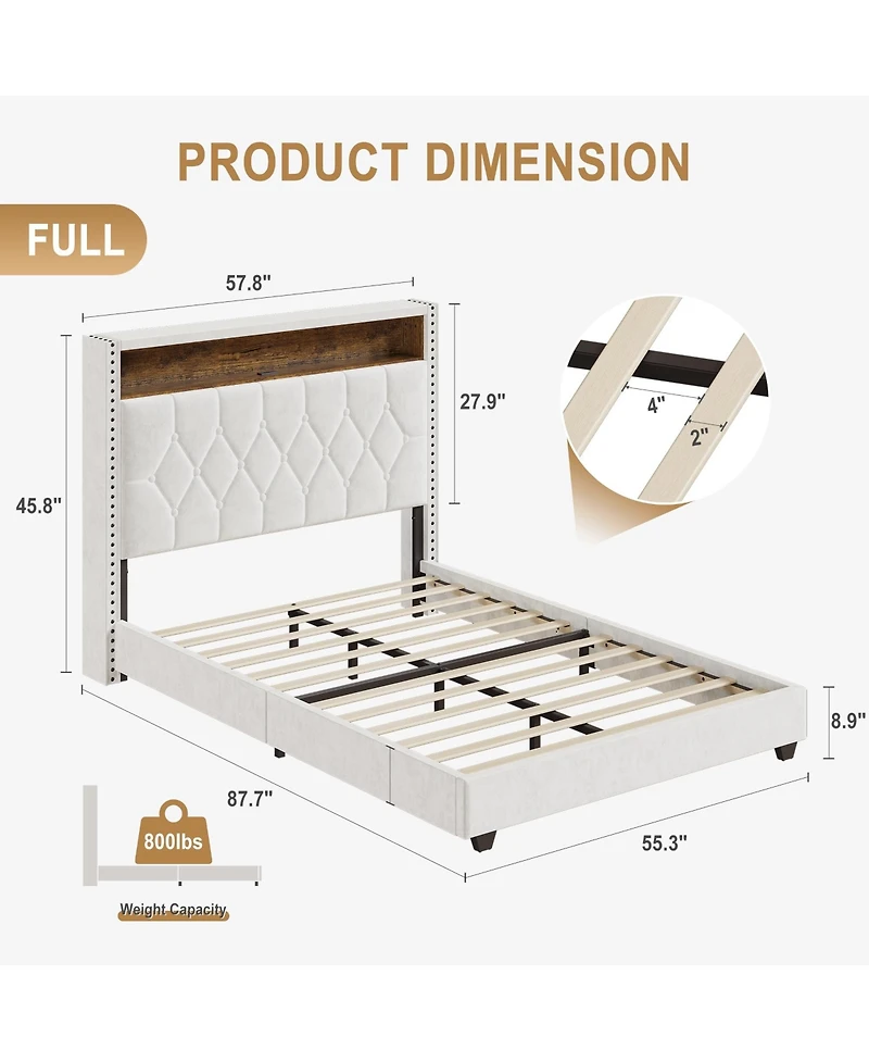 gaomon Full Velvet Upholstered Bed Frame with Storage Headboard and Built-in Charging Station, Smart Led Lights
