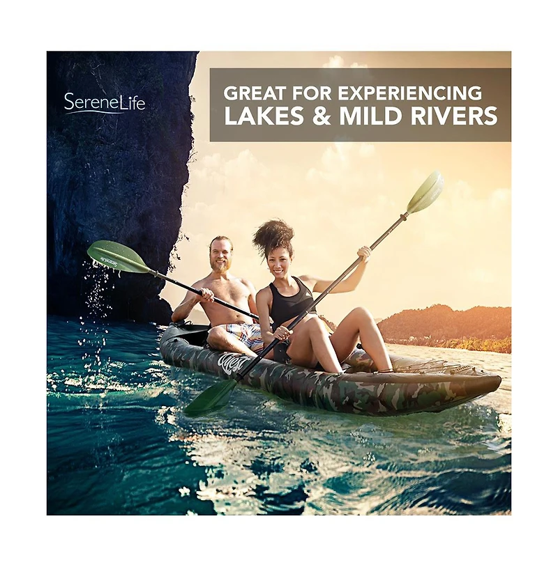 SereneLife 2-Person Inflatable Kayak Set, With Aluminum Oars & Pump, Camo Design