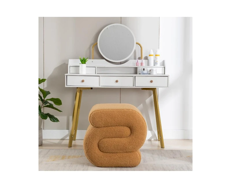 Modern S-Shape Makeup Stool, Teddy Fabric Upholstered Footstool, Comfy Ottoman for Bedroom, Living Room, and Dressing Table-The Pop Home