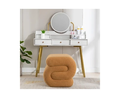 Modern S-Shape Makeup Stool, Teddy Fabric Upholstered Footstool, Comfy Ottoman for Bedroom, Living Room, and Dressing Table-The Pop Home