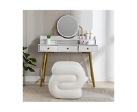 Modern S-Shape Makeup Stool, Teddy Fabric Upholstered Footstool, Comfy Ottoman for Bedroom, Living Room, and Dressing Table-The Pop Home