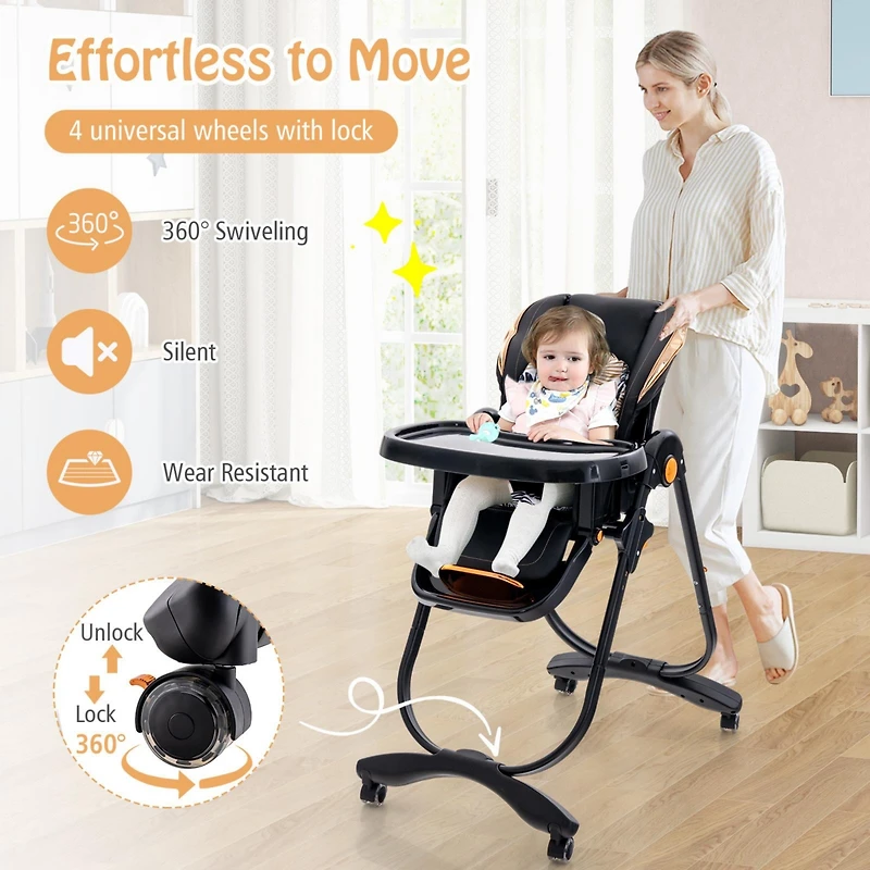 Gouun Folding Baby High Chair with Adjustable Height and Recline