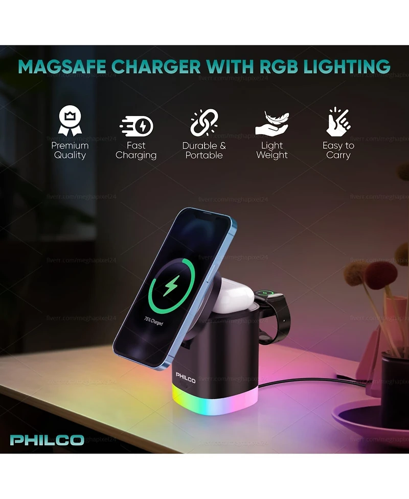 Philco 15W Fast Charging for Apple iPhone 16 15 14 13 12 11 MagSafe 3-in-1 Wireless Charging Station – Foldable Design, Charges Apple Watch & A