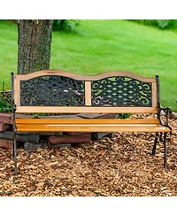 2-Person Ivy Crossweave Design Cast Iron and Wood Frame Outdoor Garden Bench