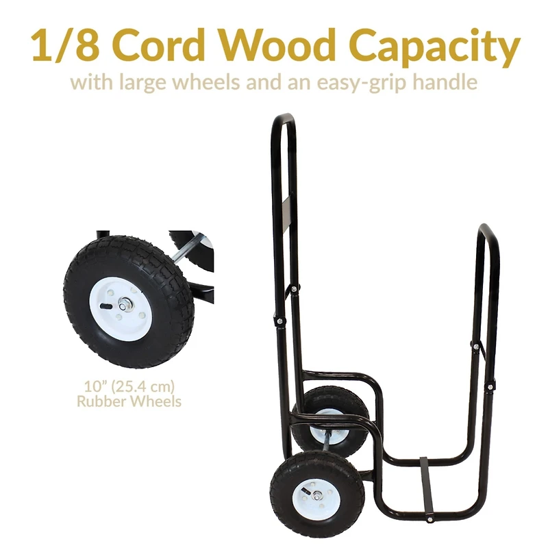 Indoor/Outdoor Steel Rolling Firewood Log Cart Carrier with Wheels - 1/8 Face Cord - Black