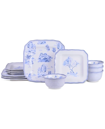 222 Fifth Scenic Toile Blue Porcelain 12 Pc. Dinnerware Set, Service for 4