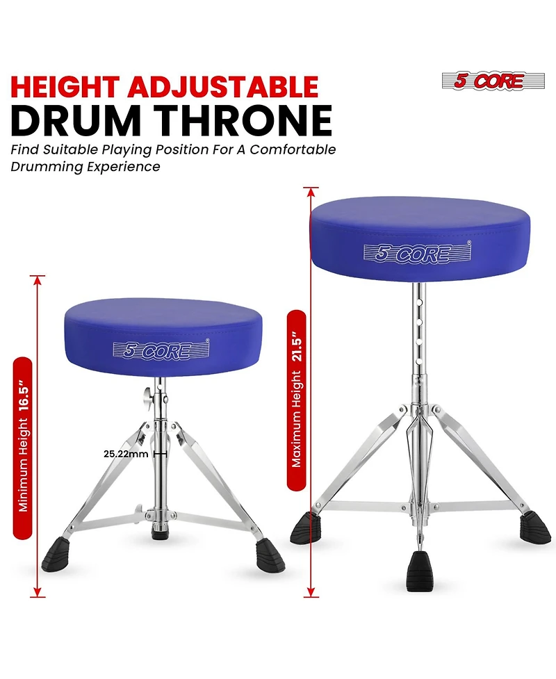 5 Core Drum Throne Adjustable Guitar Stool Padded Seat + Drum Practice Pad Snare Drumming Stand