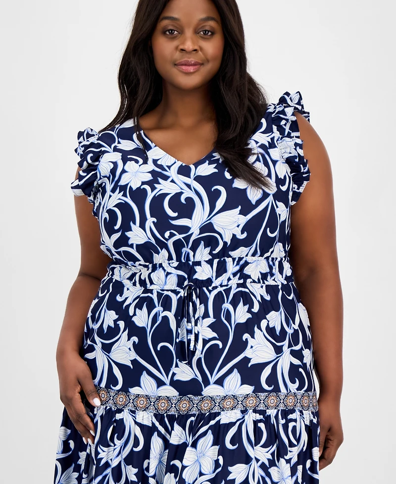 Anne Klein Plus Size Mixed-Print Tiered Maxi Dress