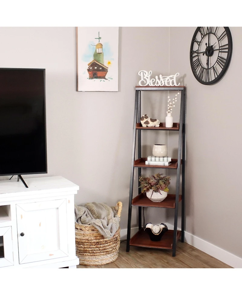 Indoor 4-Shelf Acacia Wood Ladder Bookshelf - 59.75" H