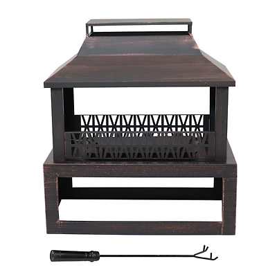 Backyard Blaze Heavy-Duty Steel Outdoor Fireplace - Built-In Log Storage and Protective Cover - 35-Inch H - Brushed Bronze