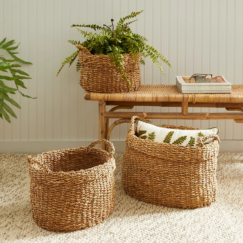 Seagrass Oval Baskets With Handles & Cuffs Set of 3