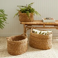 Seagrass Oval Baskets With Handles & Cuffs Set of 3