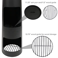 Outdoor Backyard Heavy-Duty Steel Modern Wood-Burning Fire Pit Chiminea with Built-In Log Storage - 49" - Black