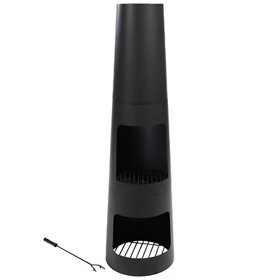 Outdoor Backyard Heavy-Duty Steel Modern Wood-Burning Fire Pit Chiminea with Built-In Log Storage - 49" - Black