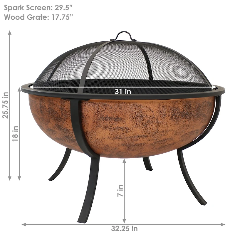 Outdoor Portable Camping or Backyard Large Round Fire Pit Bowl with Spark Screen, Wood Grate, and Log Poker - 32" - Copper Finish