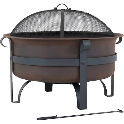 Outdoor Camping or Backyard Large Round Cauldron Fire Pit Bowl with Log Poker and Spark Screen - 29"