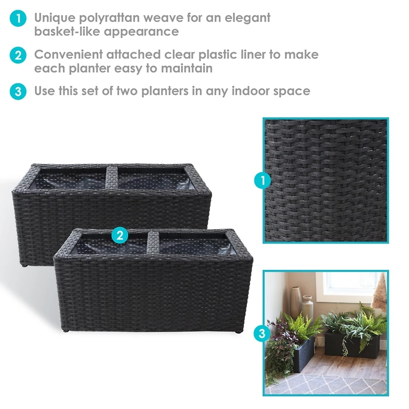2-Section Rectangle Polyrattan Indoor Planters - 21.5" W x 11.5" D 9.25" H 2-Pack