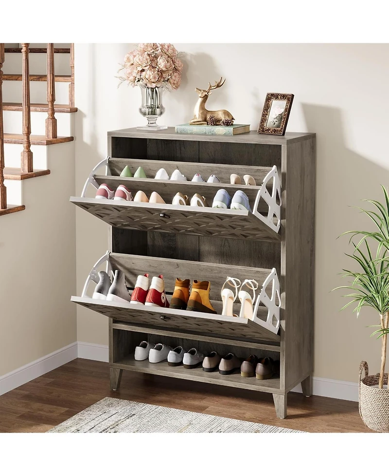 Tribesigns Shoe Cabinet with 2 Flip Drawers, Narrow Storage Organizer for Entryway, Freestanding Wood Rack Adjustable Shelves
