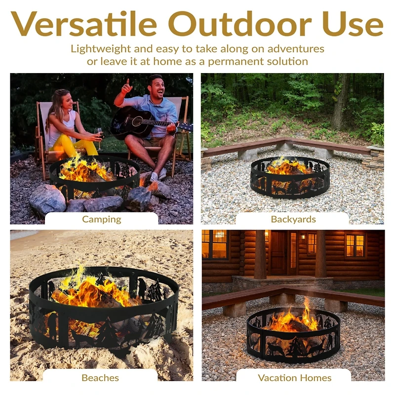 Forest Wilderness Heavy-Duty Steel Fire Pit Ring with 360-Degree Wildlife Cutouts - 36-Inch Round - Black