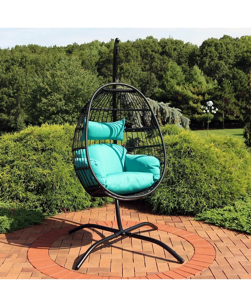 Dalia Resin Wicker Hanging Egg Chair with - Teal Polyester Cushions and Powder-Coated Steel Stand - 81 Inches H