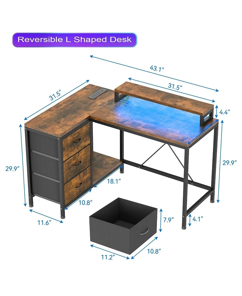 gaomon L Shaped Desk with Power Outlets & Led Lights