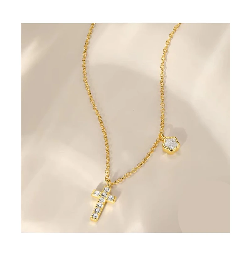 Hollywood Sensation Gold-Plated Sterling Silver Cross Necklace with Sparkling Cz and Floral Charm
